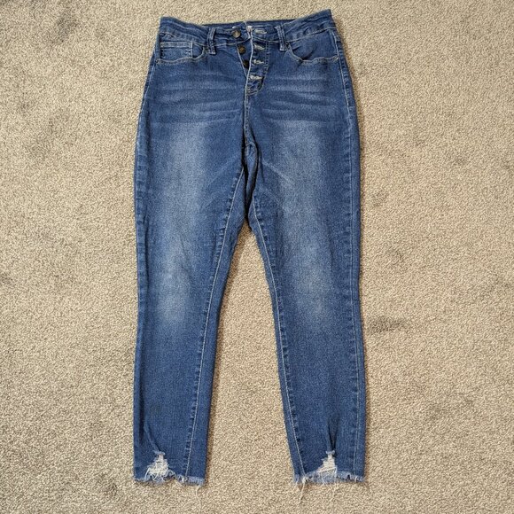 ROYALTY FOR ME High Rise Ankle Blue Stretch Denim Button-Fly Jeans; Size 8 - Picture 1 of 4